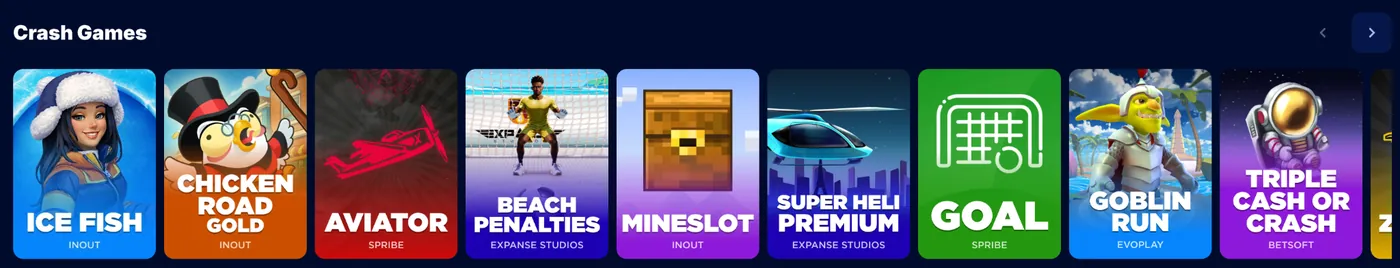 Screenshot of the crash games shelf with Aviator, Goal and Ice Fish, each labelled with its studio