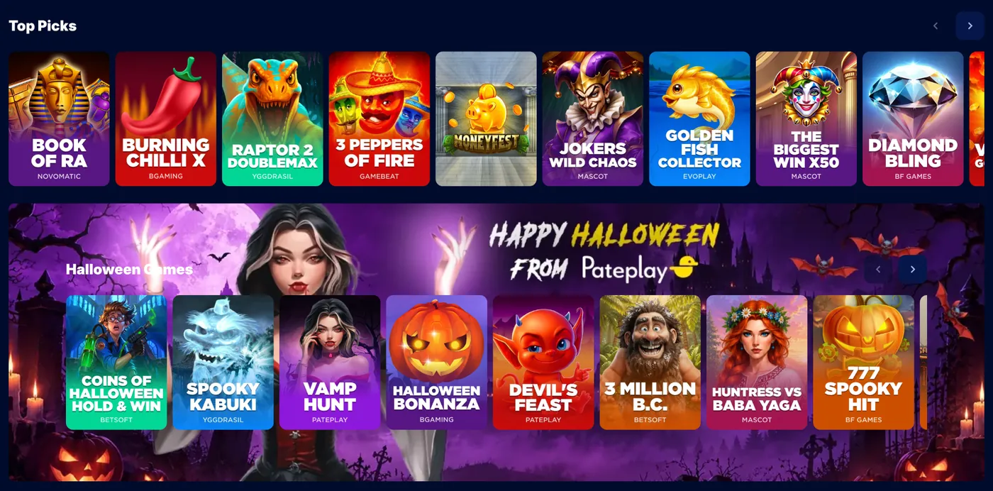 Screenshot of the casino lobby showing the Top Picks row and a seasonal games shelf